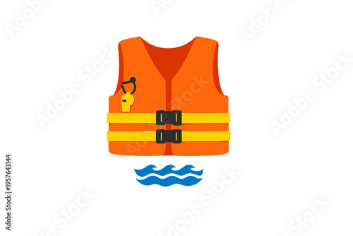 A 3D illustration of an orange life jacket with yellow straps and a