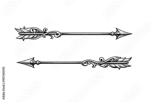 Black and white illustration featuring two decorative vintage arrows