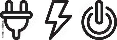 Set Of Three Outline Icons: Electric Plug, Lightning Bolt, Power Button