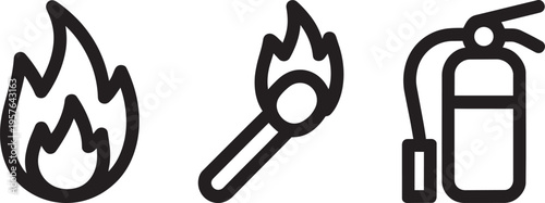 Set Of Three Outline Icons: Flame, Burning Match, And Fire Extinguisher