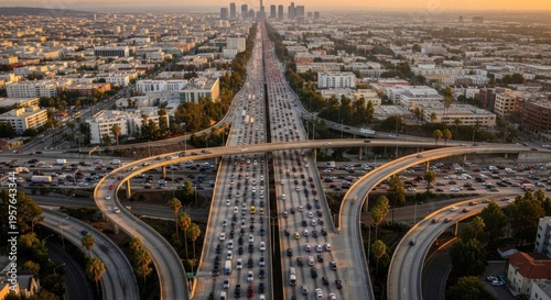 Bustling Urban Interchange At Golden Hour Flowing City Traffic