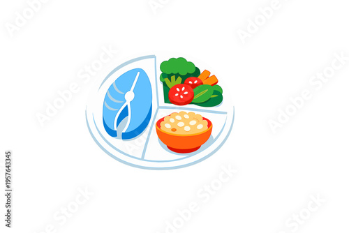 A colorful vector illustration of a healthy balanced meal on a