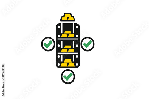 An illustration of gold bars stacked on a black shelf structure