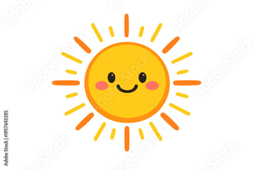 A cute cartoon sun illustration with a smiling face and rosy cheeks