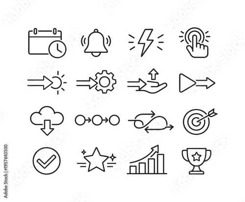 Line style of stateless interface vector icons: event, trigger, action, result; ephemeral, transient, brief, short; flow, stream,