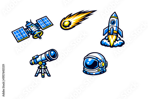 A collection of space-themed sticker illustrations including a
