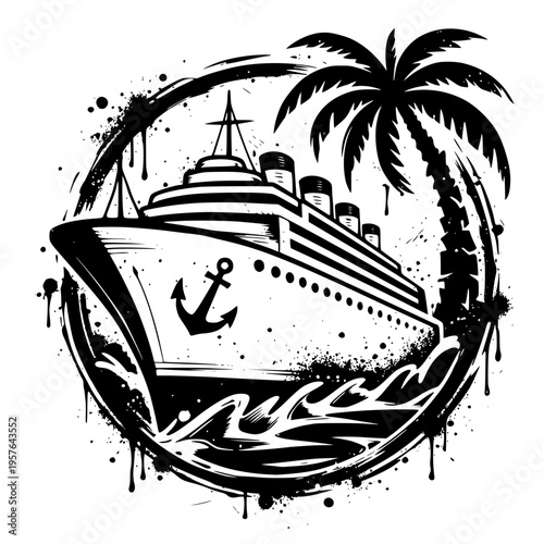 Vintage cruise ship sailing tropical waters with palm tree
