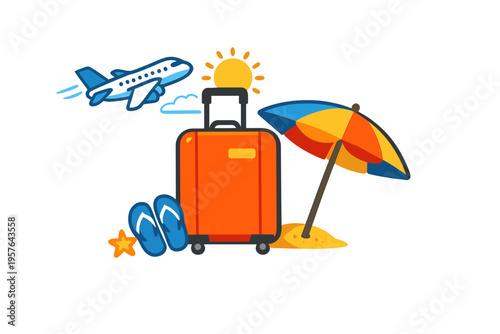 A colorful illustration featuring an orange suitcase, a beach