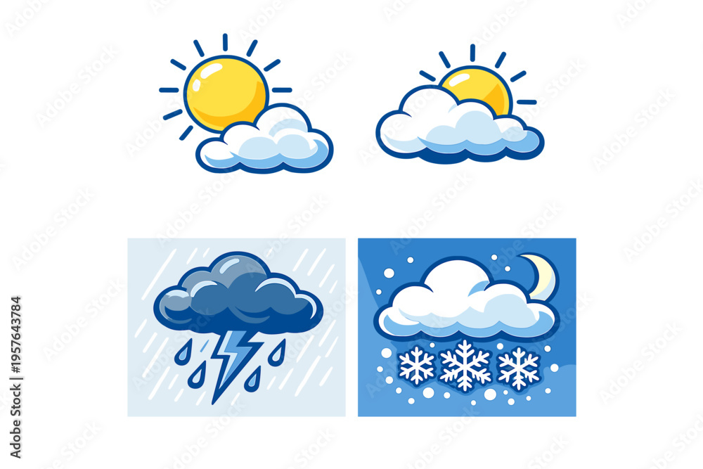 Obraz premium Vector illustration featuring four distinct weather icons including