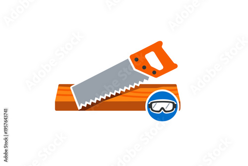 A clean vector illustration of a hand saw cutting into a wooden