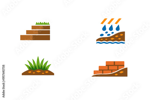 A set of four flat vector icons illustrating methods for soil erosion