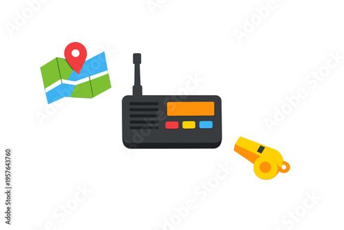 A 3D illustration of travel and survival essentials featuring a