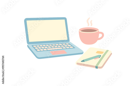 A minimalist illustration of a light blue laptop next to a steaming