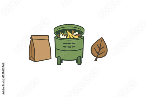 A sticker-style illustration featuring a green compost bin filled