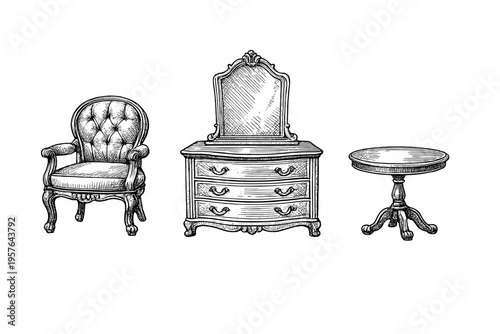 A black and white hand-drawn illustration of vintage furniture