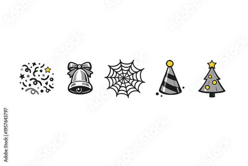 A row of five festive holiday icons including confetti, a silver bell