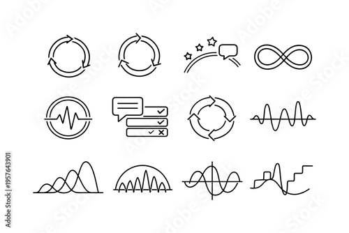 Line style vector icons of customer support service knowledge base: cycle line, flow ring, feedback arc, loop mesh, pulse ring,