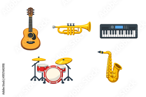 A collection of musical instruments including an acoustic guitar