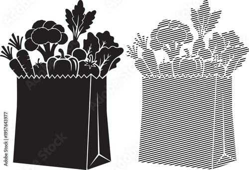 Two contrasting paper bags filled with fresh vegetables and greens side by side