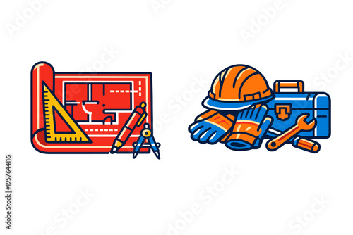 A flat vector illustration featuring two sets of icons