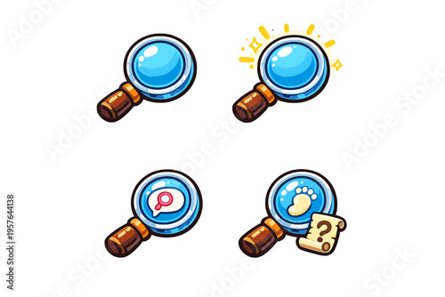 Collection of four stylized magnifying glass illustrations in a