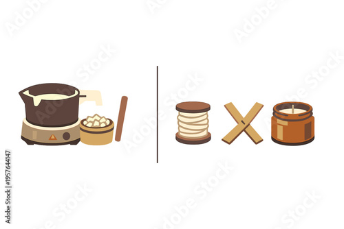 A flat illustration showing the process of candle making with a