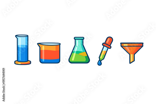 A set of colorful laboratory equipment icons including a graduated