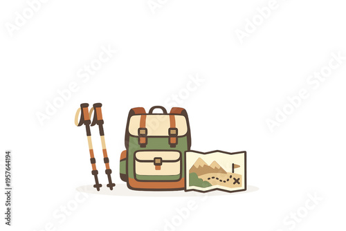 A flat illustration of hiking equipment featuring a green and tan