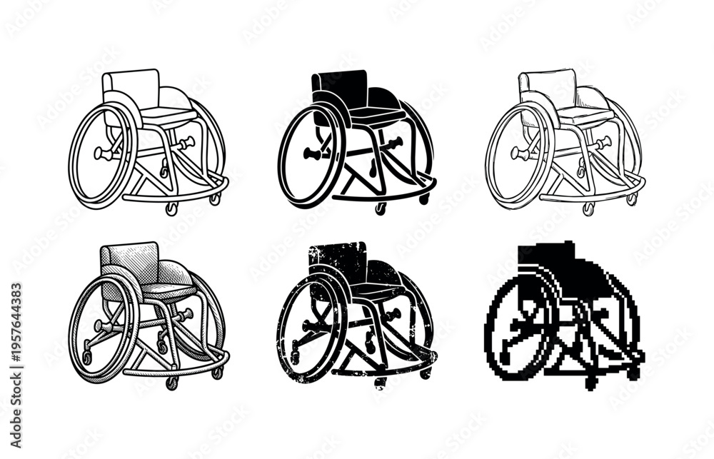 Fototapeta premium Collection of diverse wheelchair illustrations in various artistic styles and formats