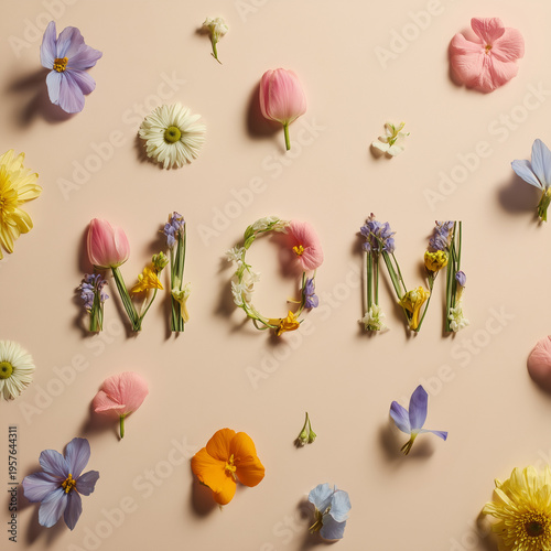 Floral MOM lettering on soft pastel background, Mother’s Day greeting concept