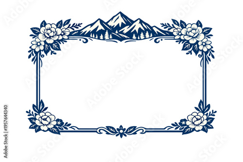 A decorative rectangular frame in a vintage woodcut style, featuring