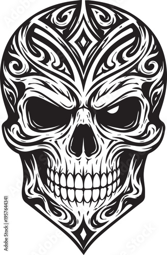 Ornate Tribal Skull Silhouette – Stylized Human Skull with Asymmetrical Eye Sockets and Intricate Engraved Tattoo Linework – Bold Aggressive Black Vector Illustration for Logo Design, Apparel Printing