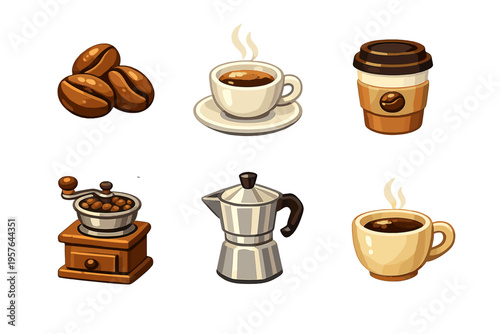 A collection of six coffee-themed illustrations featuring roasted