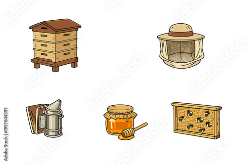 A collection of beekeeping illustrations featuring a wooden beehive