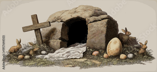 Empty tomb with cross and easter bunnies celebrating resurrection. Easter greeting card. Empty cave, stone rolled away, with cross, bunnies and colorful Easter eggs