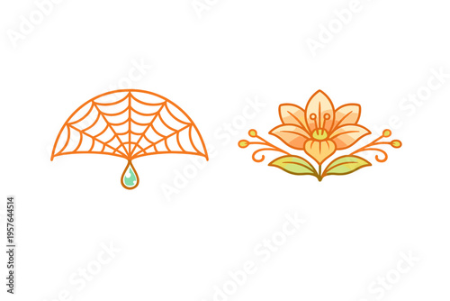A vector illustration featuring a stylized orange spider web with a