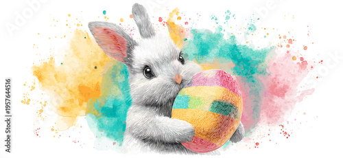 White rabbit holding colorful Easter egg, watercolor splash background. White rabbit holding a brightly striped Easter egg against a vibrant watercolor splash background