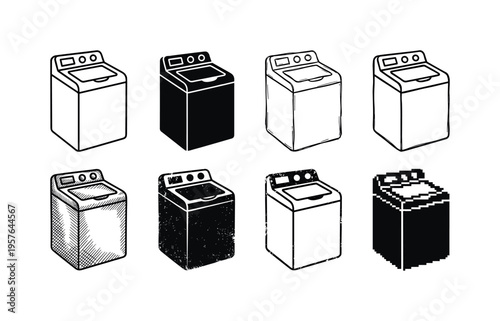Collection of washing machine icons in various artistic styles and textures