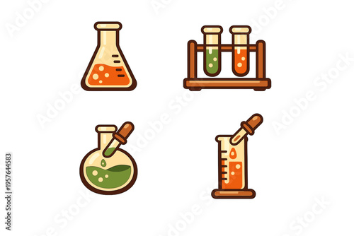A set of four stylized vector icons featuring laboratory glassware