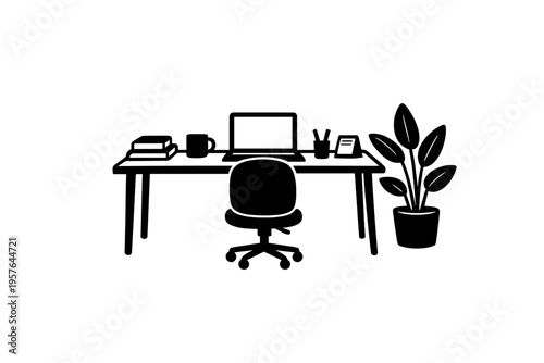A black and white illustration of a minimalist office desk setup