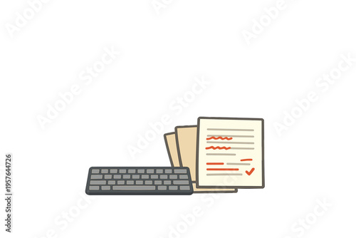 A minimalist illustration of a dark gray computer keyboard next to a