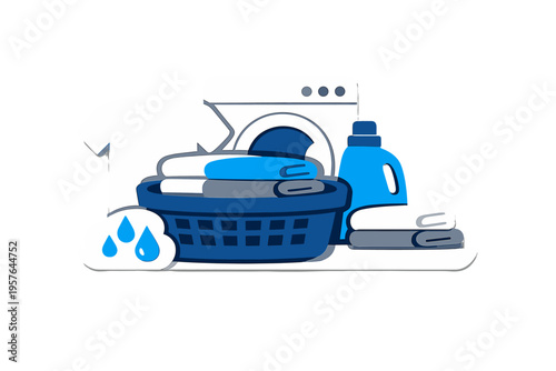 A flat vector illustration featuring a washing machine, a blue