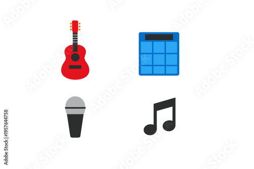 A collection of four music icons including a red acoustic guitar, a