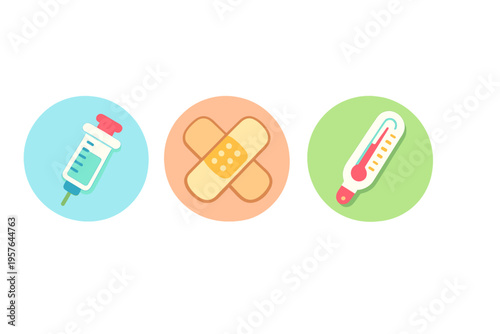 A set of three colorful medical icons featuring a syringe, crossed