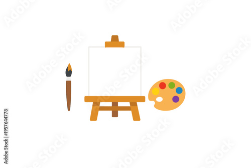 A flat illustration of an artist's workspace featuring a wooden easel