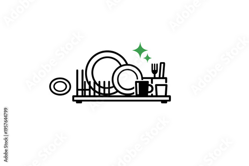 A minimalist black and white line art illustration of a dish drying