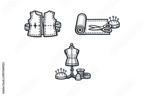 A collection of black and white vector icons related to tailoring and