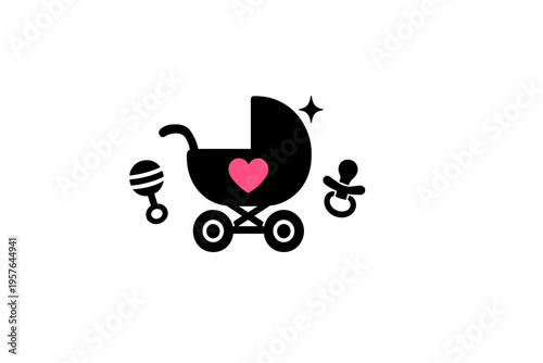 A minimalist black silhouette illustration of a baby stroller
