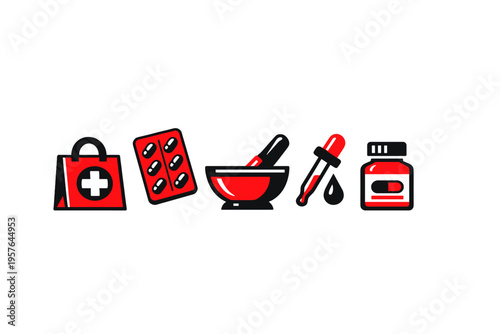 A set of pharmaceutical icons featuring a medical bag with a cross, a