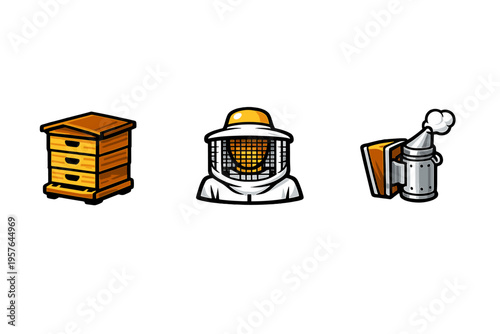 A set of three beekeeping illustrations featuring a wooden beehive, a